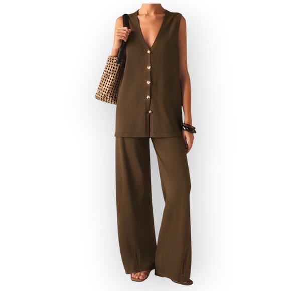 Commense Other - Commense Brown Knit Vest & Wide Leg Pants Set Gold Button Lounge Set NWT XL